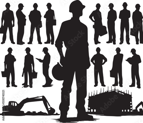 Silhouette of construction workers and equipment on a construction site scene view