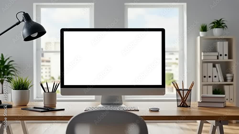 Modern workspace with a blank computer screen, stylish desk accessories, and natural light from windows