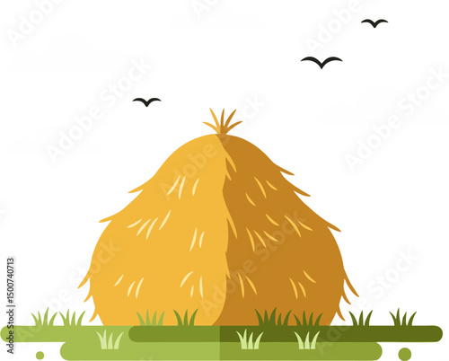 Flat Vector Haystack on Grass Field with Flying Birds – Minimalist Autumn Harvest Illustration for Agricultural and Rural Design