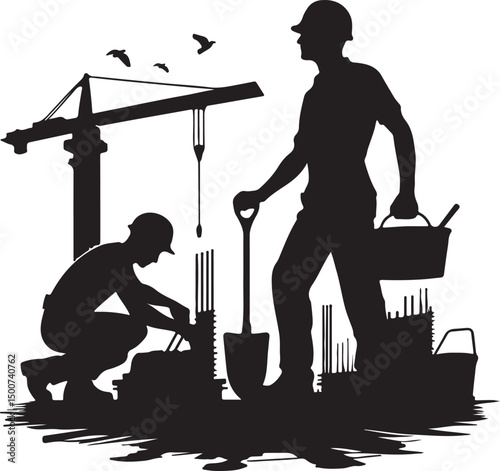 Silhouette of construction workers with crane and birds against white background