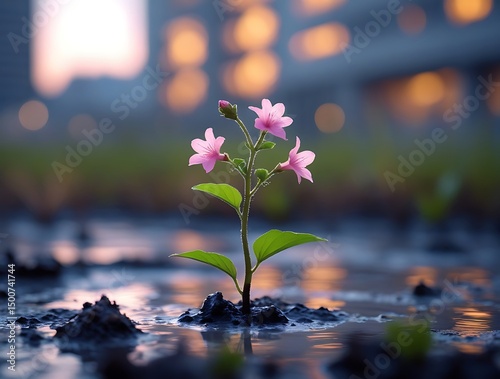 Delicate pink flower sprouting from muddy street, capturing contrast between nature and city life, with bokeh lights enhancing the concept of growth and hope

 photo