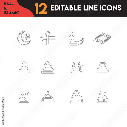 Modern Islam Icon Set Featuring Hajj and Eid Outlines.