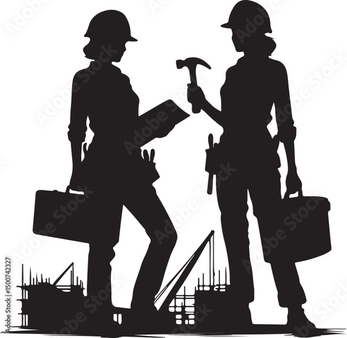 Silhouette of two female construction workers with blueprints and construction site