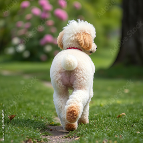 Cute white dog walking indoors during daylight in a bright and cheerful setting