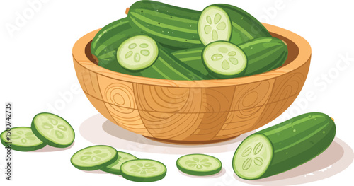 Fresh Cucumber in Rustic Wooden Bowl on White Background