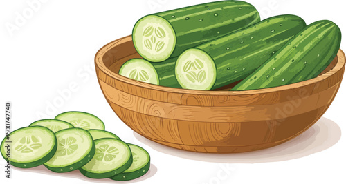 Cucumber in Wooden Bowl White Background Vector Design