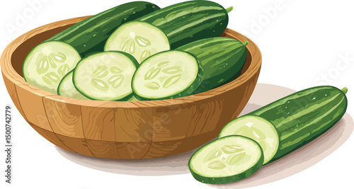 Fresh Cucumber in Rustic Wooden Bowl on White Background