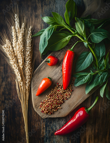Red peppers basil wheat grains food photography