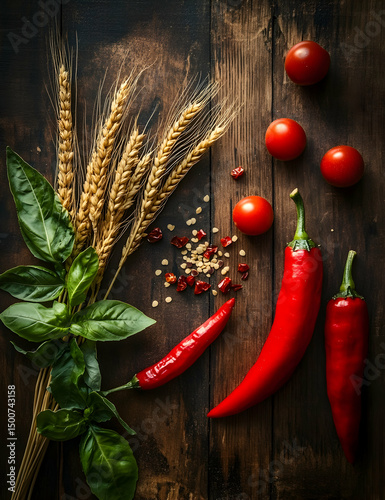 Red chili peppers basil wheat tomatoes