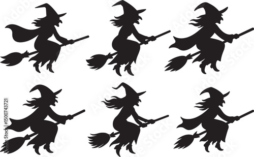 Flying witch on broomstick set in flat black silhouette vector design illustration Halloween bundle