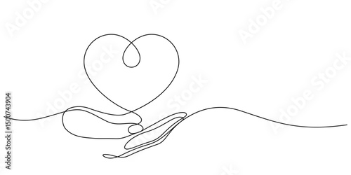 donation concept, human hand care and support heart shape one line