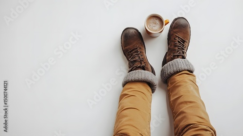 Winter Attire: A man sitting in cozy winter clothes, legs crossed, holding a mug of hot chocolate, on a white background. 
