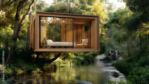 Wooden cabin treehouse river nature