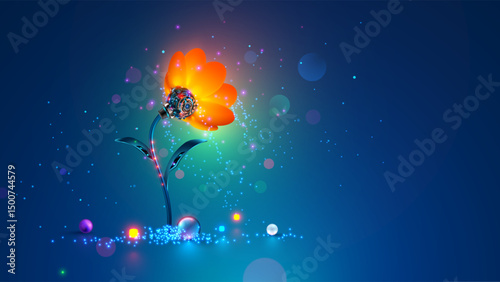 Robot flower blossomed in cyberspace, symbolizing the emergence of AI. Wallpaper with beautiful cybernetic Flower with neon lights. Artificial Intelligence or AI in image robotic magic flower.