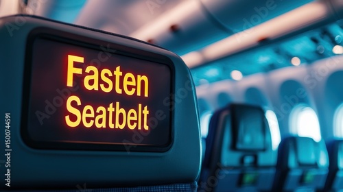 Illuminated Fasten Seatbelt Sign Glowing in Airplane Cabin with Modern Interior Design and Soft Lighting