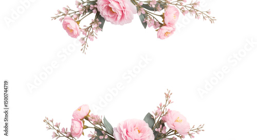 Pink roses and small white flowers frame on transparent background