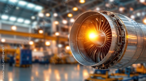 Polished Airplane Turbine Glowing Softly Under Bright Lighting in Industrial Aircraft Manufacturing Environment