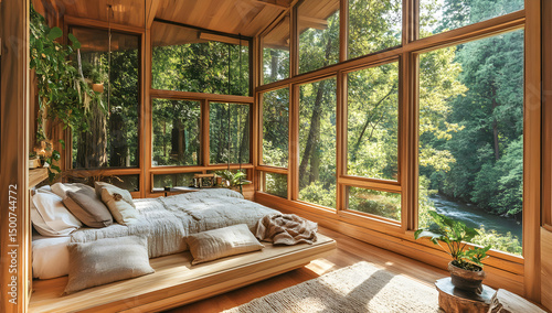 Wooden cabin bedroom with forest view