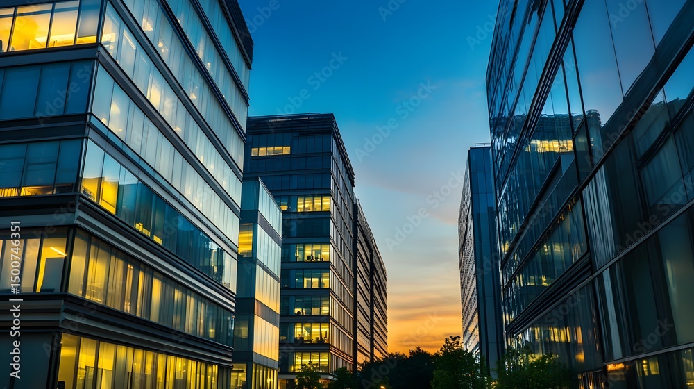 Fototapeta premium Modern cityscape evening office buildings illuminated