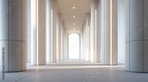 Modern Architectural Minimalism: White Columns & Long Corridor with Arch Depth : Bright White Corridor with Empty Text Walls & Realistic Lighting Futuristic White Hall: High-Res 3D Rendering of Column