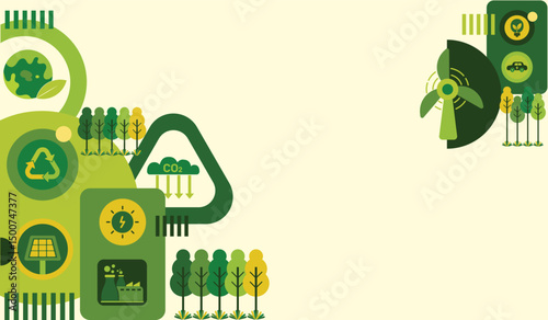 Net zero and carbon neutral concept. Net zero greenhouse gas emissions target. Climate neutral long term strategy with icons. World environment and sustainable development green city vector template.