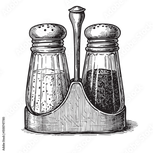 Salt and Pepper Shaker Set Doodle Illustration – Hand-Drawn Black and White Line Art on Transparent Background