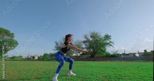 Young woman performing squats in slow motion at park. Outdoor exercises