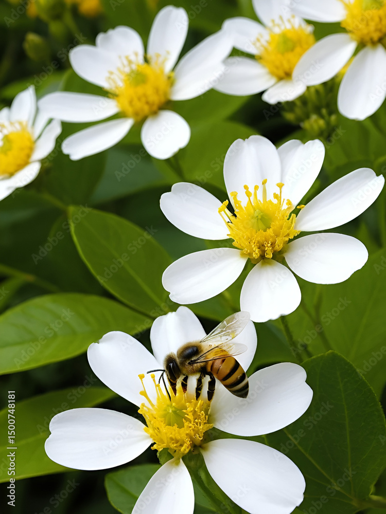 Obraz premium abeja polinizando flor blanca de limon, buscando polen
