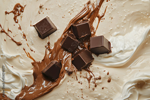 Chocolate squares melting creamy background