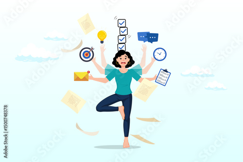 Busy businesswoman holding work stuff with finishing checklist tasks, productivity or efficiency, manage busy work to finish task or checklist, solving overworked and develop time management strategy