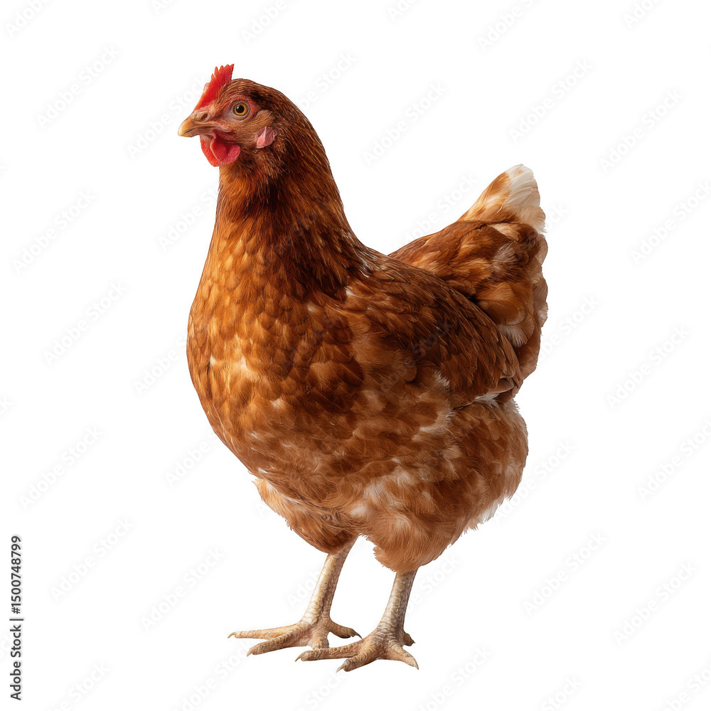 Fototapeta premium A brown hen standing upright with a red comb on a transparent background in a studio shot isolated
