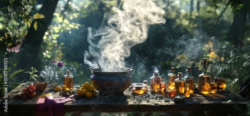 Mystical Potion Brewing in a Forest Setting
