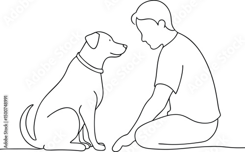 Animated outline shows a kneeling child interacting with their attentive dog friend