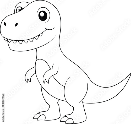 Black and white cartoon dinosaur smiles cheerfully showing its teeth, standing upright