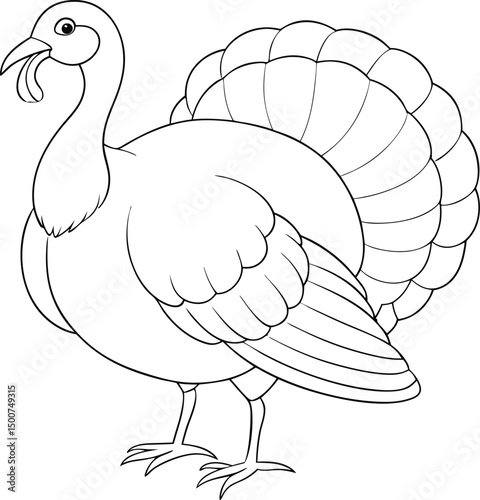 Black line art shows a large turkey with detailed plumage on white