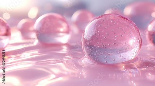 Pink liquid surface with clear bubbles, some containing air, gleaming softly
