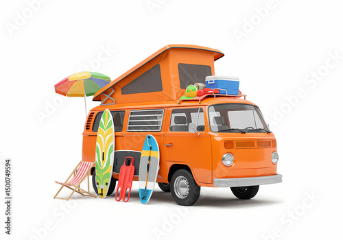 Orange Camper Van Summer Vacation Surf Trip  Beach Getaway isolated on transparent background
