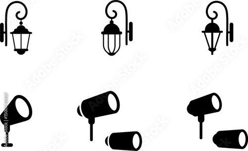 Street lamps icon. Devices for illumination of entryway, porch, walkway, path, garden, yard, park. Vector flat icon set.
