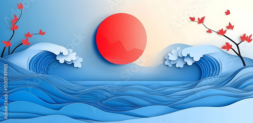 Paper art ocean waves red sun