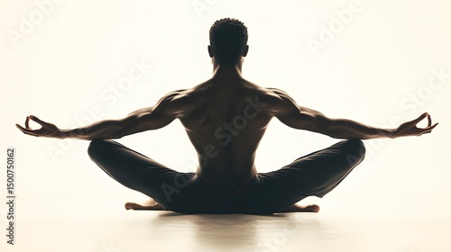 Child’s Pose: A man sitting on his heels in child’s pose, arms extended forward, in a yoga session, on a white background.
