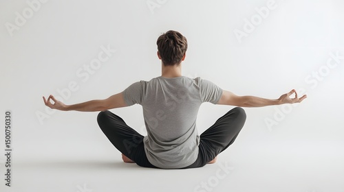 Child’s Pose: A man sitting on his heels in child’s pose, arms extended forward, in a yoga session, on a white background.
