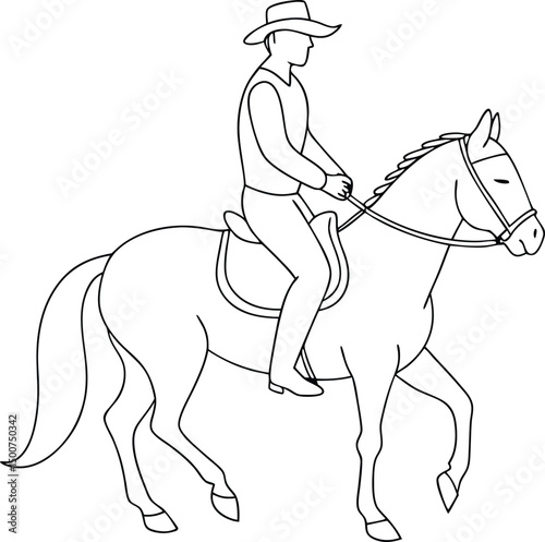 Cowboy with hat riding horse in simple black outline style appears dignified