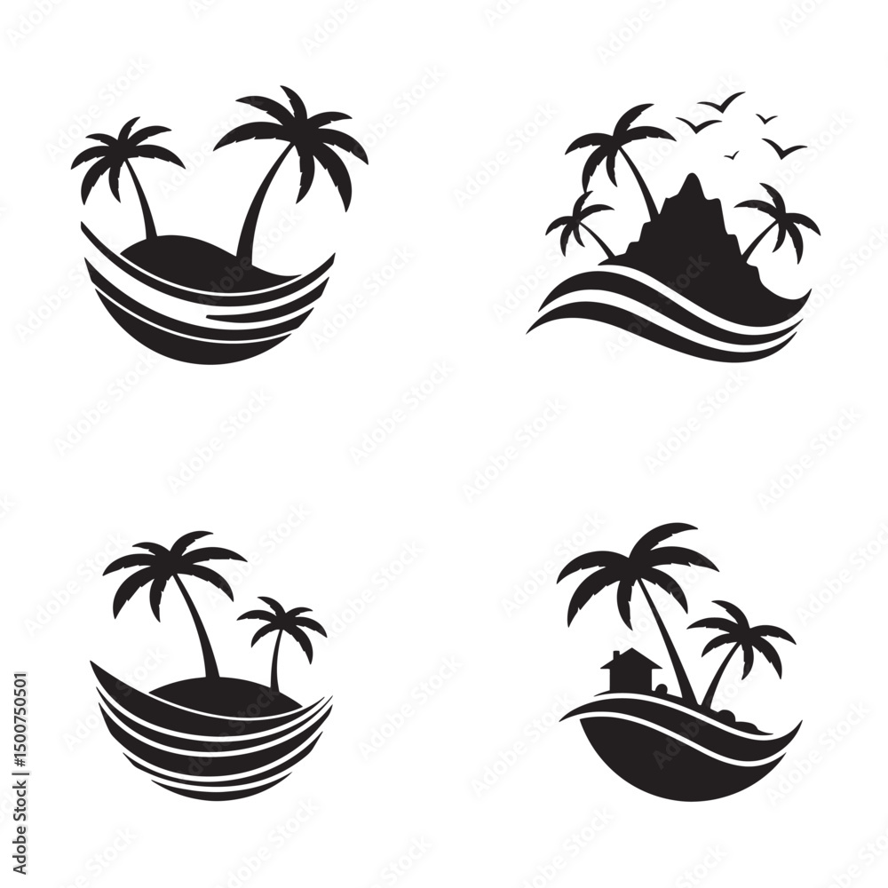 Fototapeta premium Collection of black and white beach and tropical island silhouette illustrations with palm trees