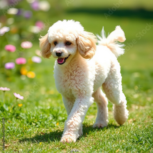 Cute white dog walking indoors during daylight in a bright and cheerful setting