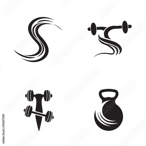 Collection of gym fitness logos in minimalist silhouette style with dumbbells and kettlebell symbols