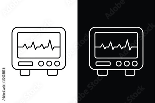 Black and White Defibrillator line icon. Clean Vector Graphic