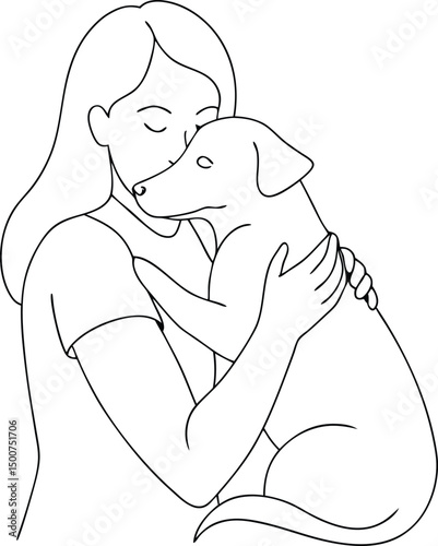 Gentle woman tenderly embraces her affectionate dog in a comforting monochrome line art drawing