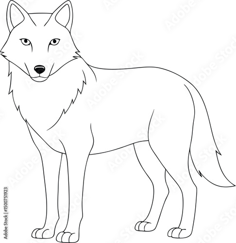 Line art depiction shows a wolf standing alert, outlined against a white background