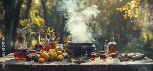 Mystical Potion Brewing: An Enchanting Autumnal Scene