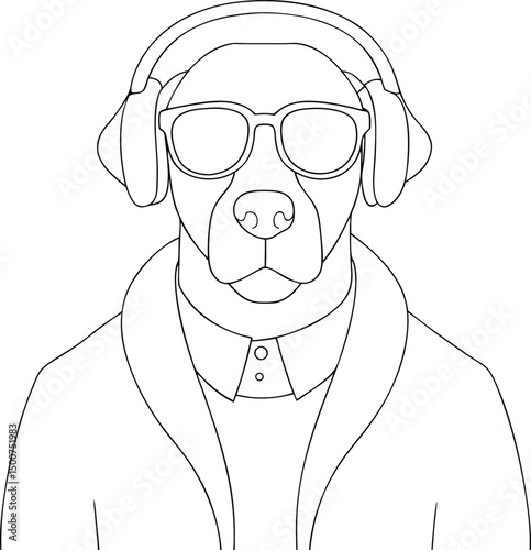 Line art depicts a stylish dog wearing sunglasses and listening with headphones on